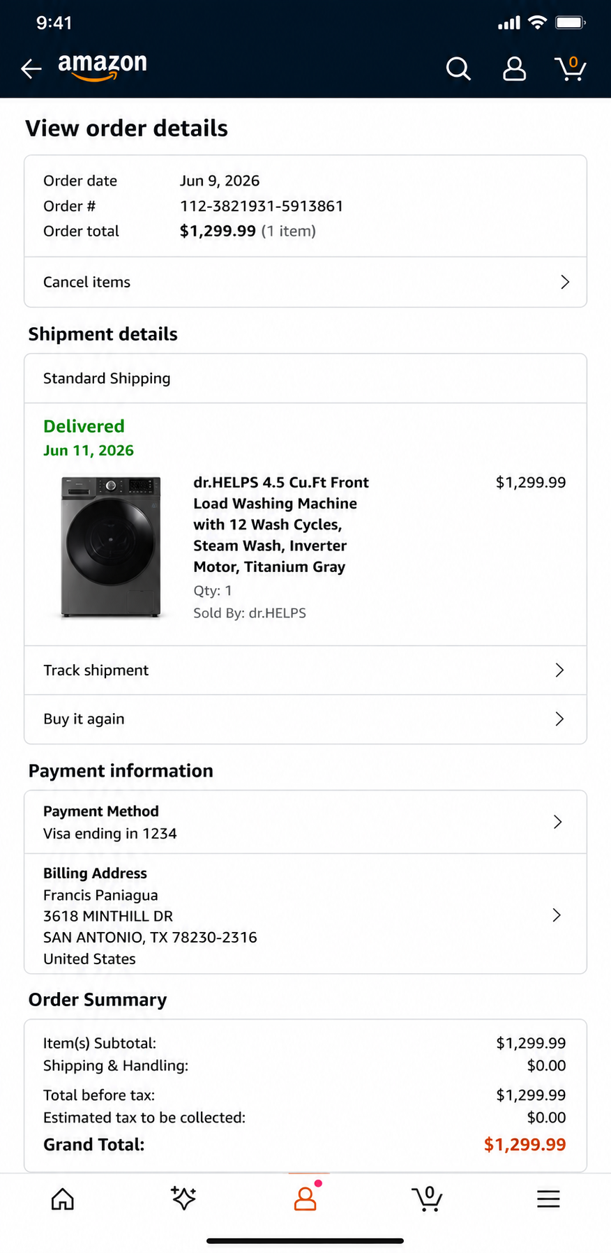Example of an Amazon purchase proof screenshot