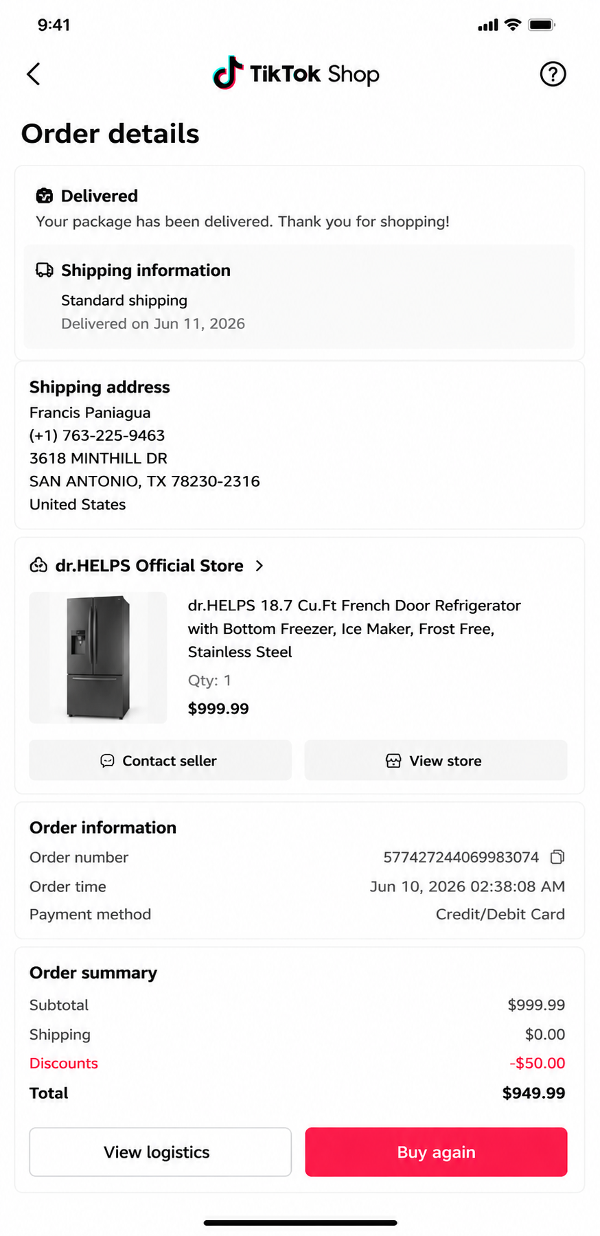 Example of a TikTok purchase proof screenshot